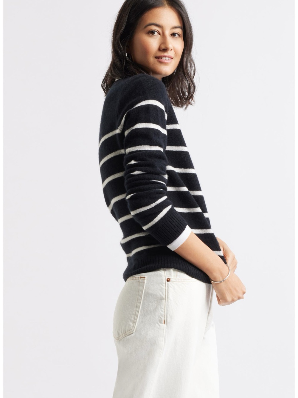 Cashlon 100% Cashmere Black White Stripe Sweater Women’s Large Luxury Knit Soft - Picture 8 of 8